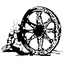 Dhammachakka (wheel of dhamma) with three monks beside it.